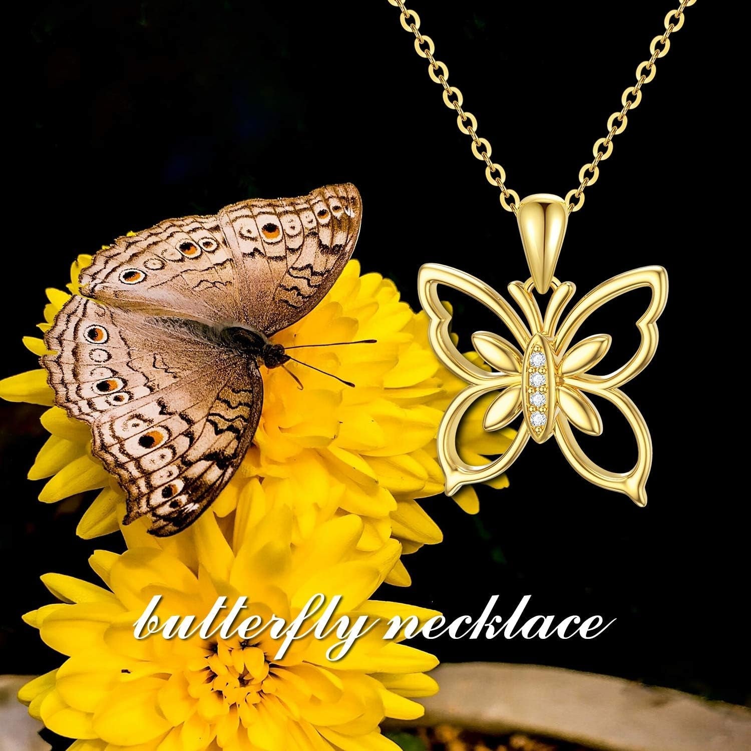 14K Solid Gold Diamond Butterfly Necklace, Genuine Natural Diamonds Delicate Yellow Gold Butterfly Pendant Jewelry Gift for Women Girls 16+2 Inch