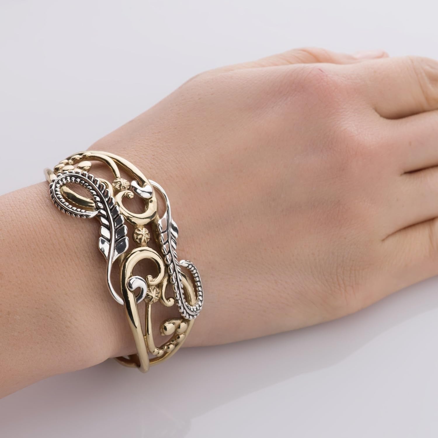 Sterling Silver and Brass Floral Leaf Design Cuff Bracelet, Sizes Small to Large