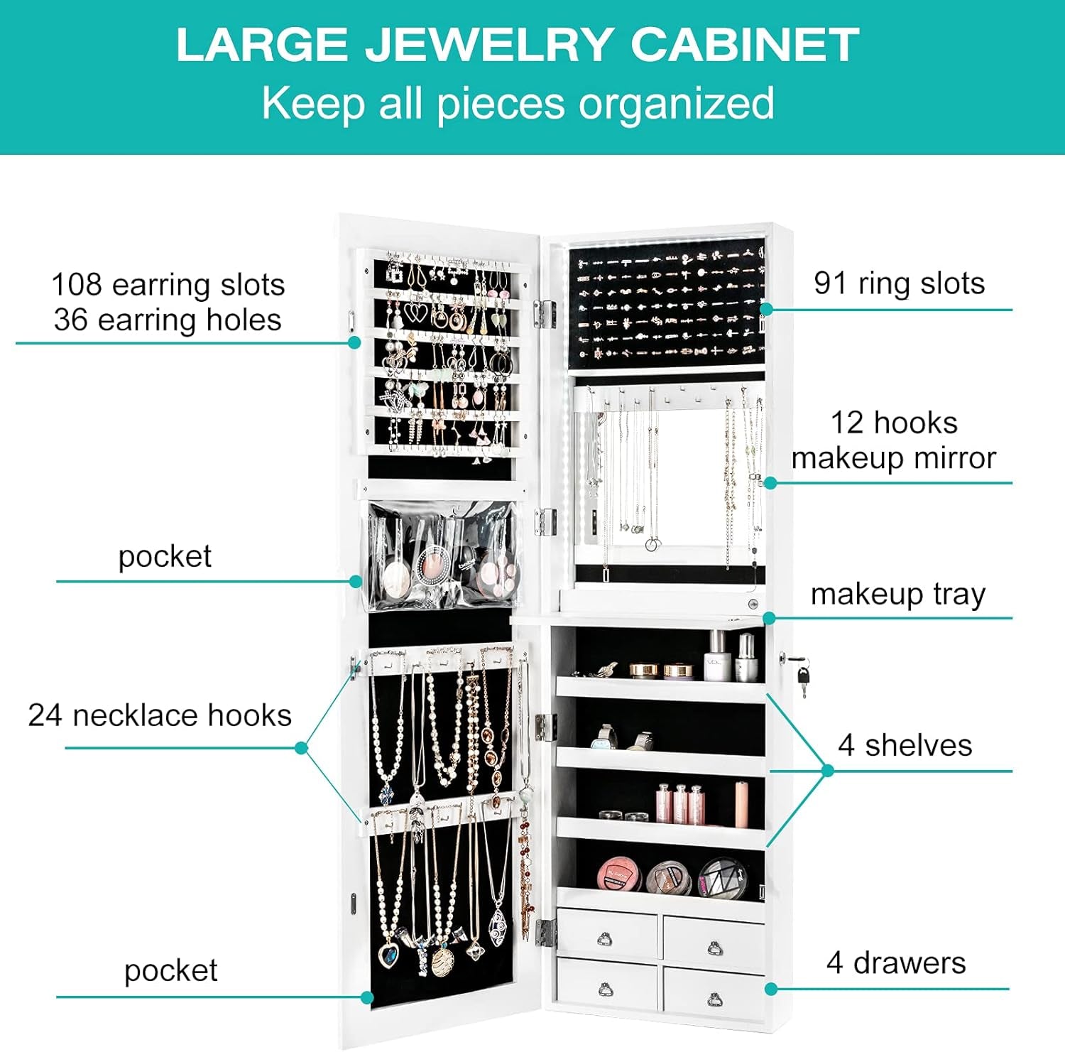 LED Strip Jewelry Armoire with 47.2" H Full Length Mirror, Wall/Door Mounted Jewelry Organizer with Built-In Mirror, Flip-Over Cosmetic Tray, 4 Drawers, Large Storage Jewelry Cabinet (White)