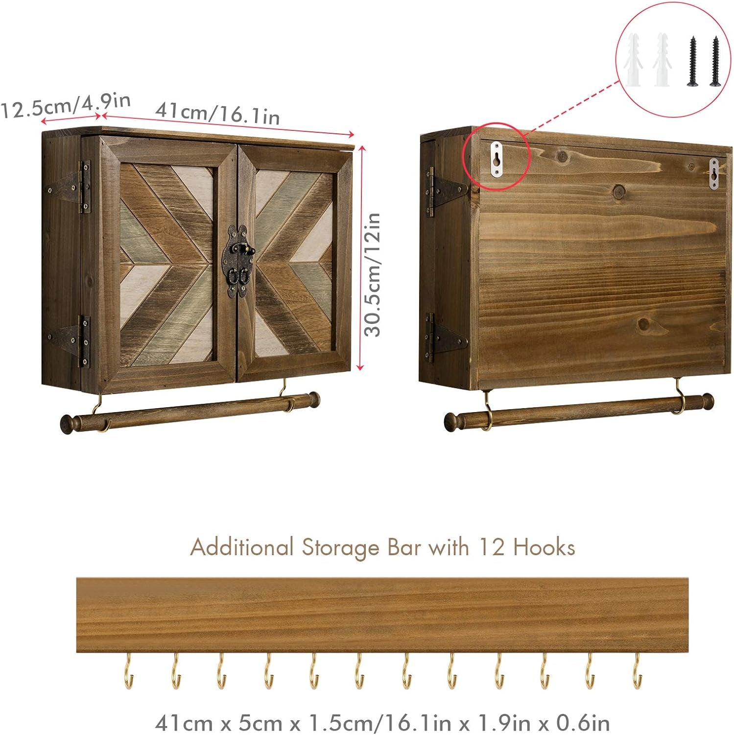 Rustic Wooden Jewelry Organizer Wall Mounted Holder with Removable Bracelet Rod and Hooks for Necklaces Earrings Bracelets Rings