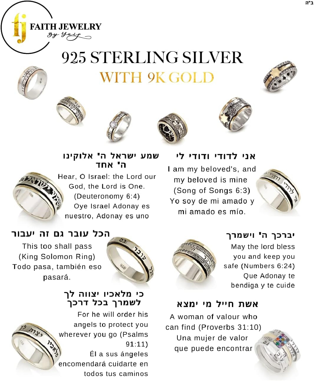 912 Sterling Silver Spinner Ring 9K Solid Gold I Am My Beloved and My Beloved Is Mine, Song of Solomon Ring, Priestly Blessing/Birkat Kohanim, Verse Rings for Men