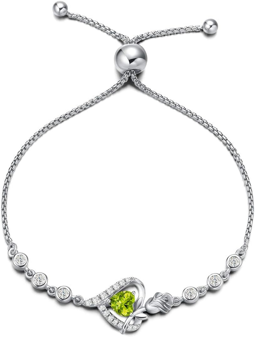 Rosy Reverie Birthstone Bracelet for Women Sterling Silver Genuine or Created Gemstone Tennis Bracelet Rose Heart Jewelry Anniversary Birthday Gifts for Women Mom Wife Her