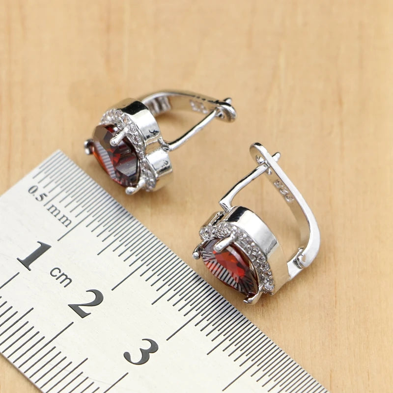 Silver 925 Bridal Jewelry Sets Heart Red Garnet White Topaz Decoration for Women Wedding Earrings with Stone Necklace Set