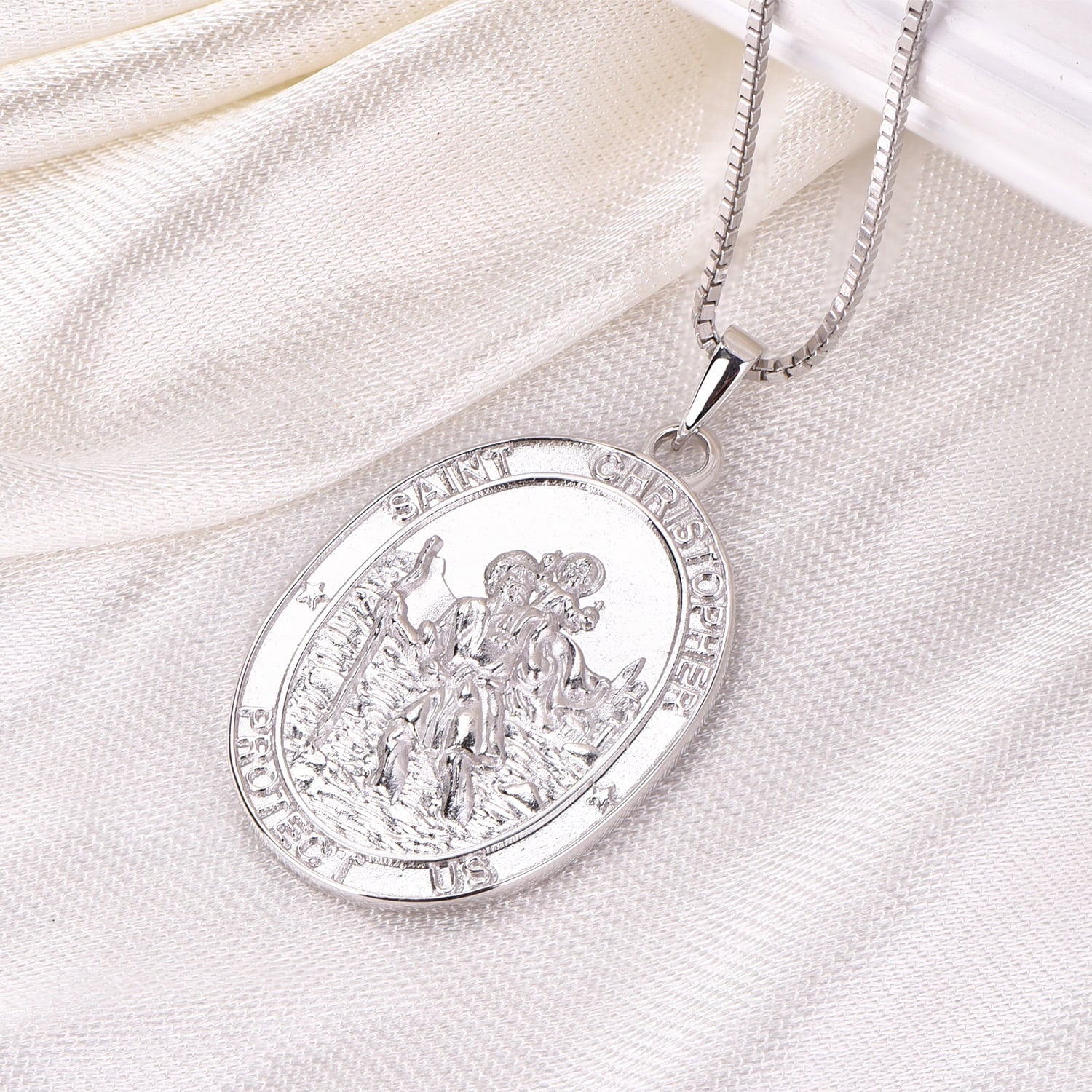 St. Christopher Necklace 925 Sterling Silver, round Coin Antiqued Religious Protector Talisman Pendant, Oval Pendant for Women