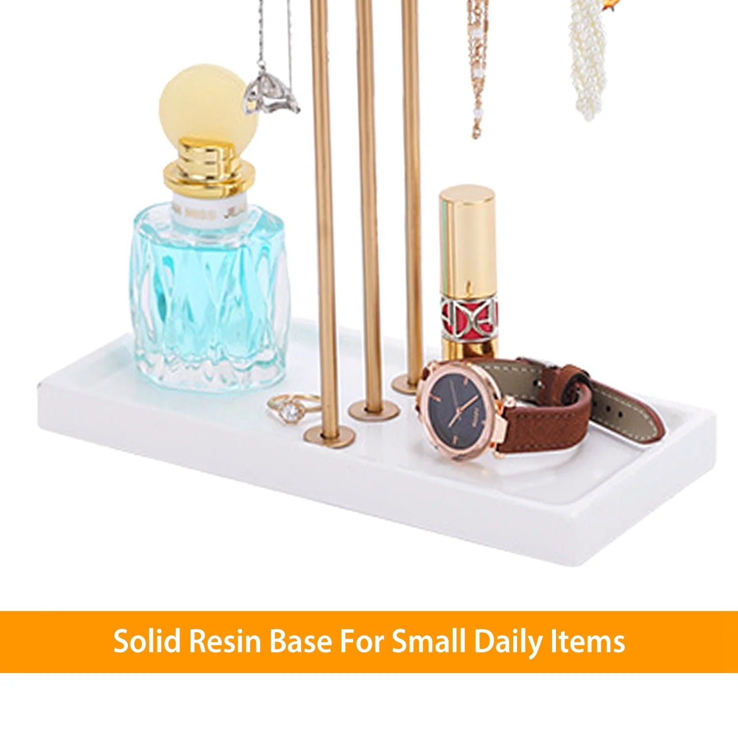 3 Tier Gold Metal Tabletop Jewelry Display Tree Stand Organizer Holder Rack Hanger Tower for Bracelet Necklace Accessories with Ring Tray