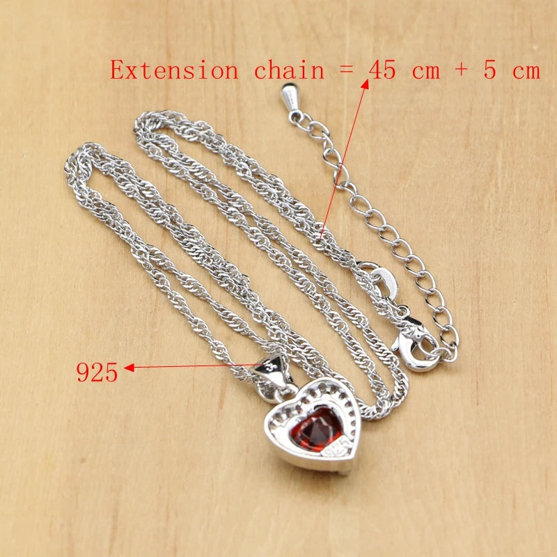 Silver 925 Bridal Jewelry Sets Heart Red Garnet White Topaz Decoration for Women Wedding Earrings with Stone Necklace Set