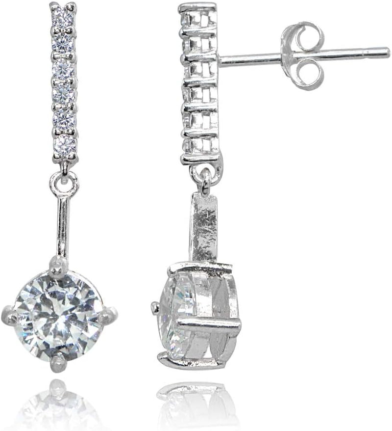 Sterling Silver Cubic Zirconia Round-Cut Encrusted Bar Statement Dangle Drop Earrings