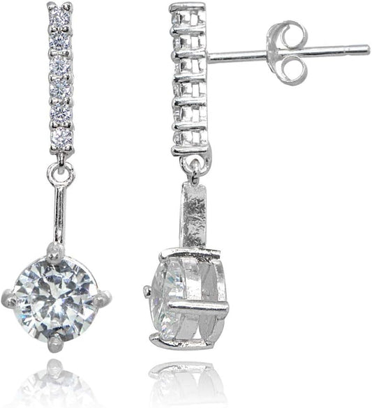 Sterling Silver Cubic Zirconia Round-Cut Encrusted Bar Statement Dangle Drop Earrings