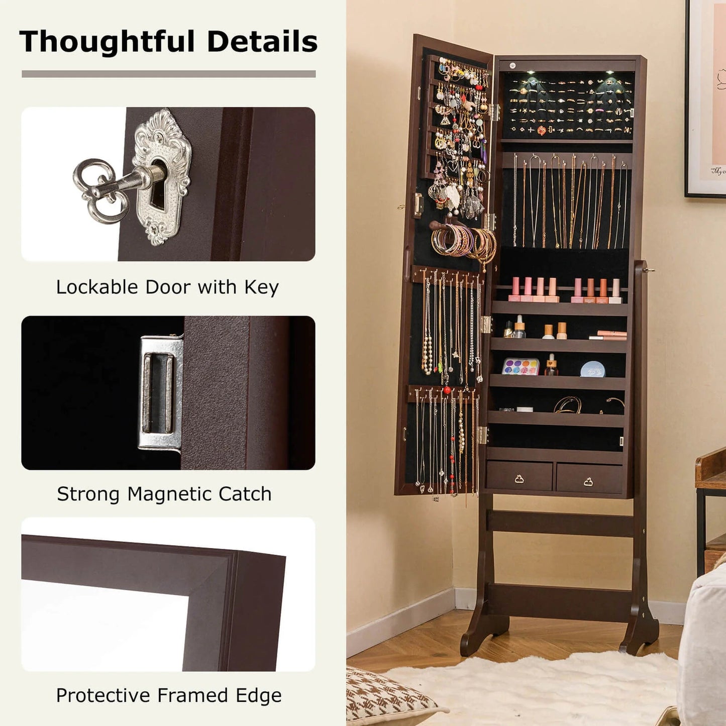 Contemporary MDF Jewelry Cabinet with LED Lights in Brown