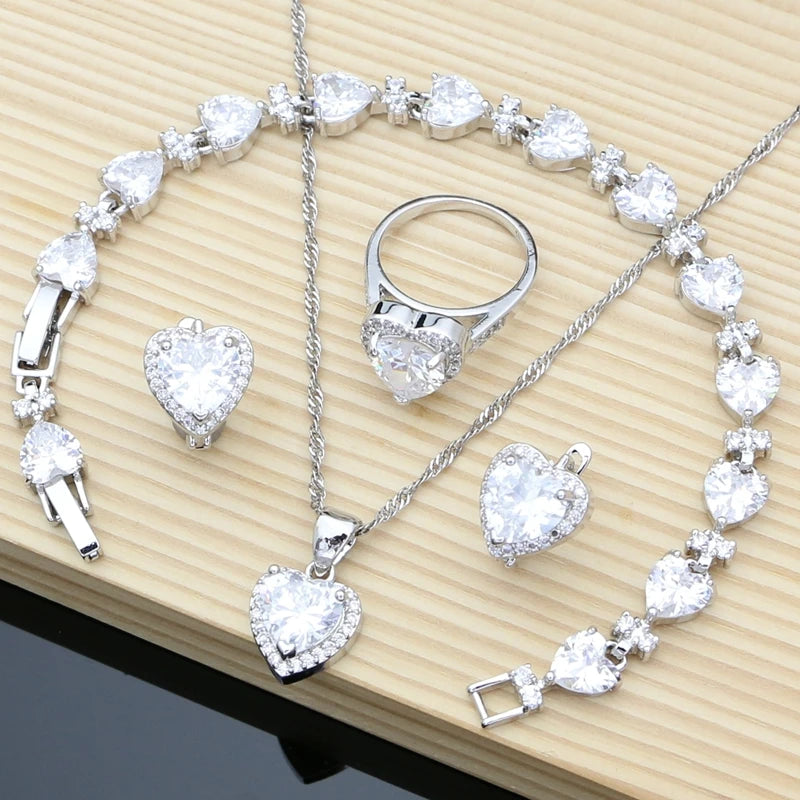Silver 925 Bridal Jewelry Sets Heart Red Garnet White Topaz Decoration for Women Wedding Earrings with Stone Necklace Set