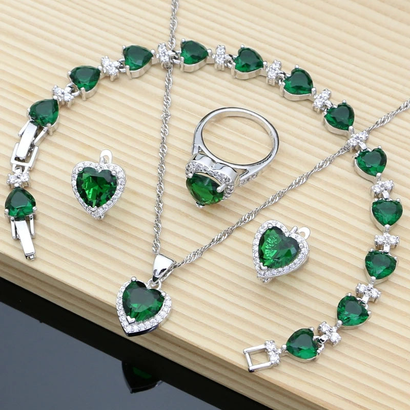 Silver 925 Bridal Jewelry Sets Heart Red Garnet White Topaz Decoration for Women Wedding Earrings with Stone Necklace Set